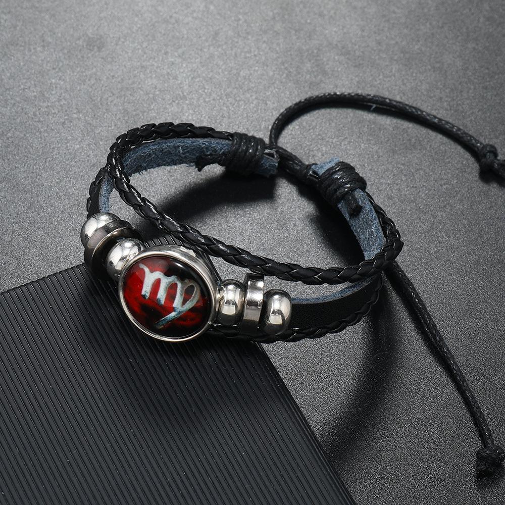 New 12 Constellation Luminous Cowhide Bracelet, Personalized Retro Men and Women Couple Jewelry Bracelet, Twelve Constellation Jewelry