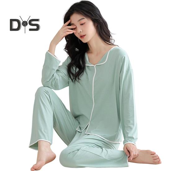 

2 шт./комплект, женская пижама, костюм с нагрудными вкладышами, длинные рукава, свободный однотонный топ, эластичная резинка на талии, широкие штанины, одежда для сна, весна-осень, домашняя одежда M зелёный
