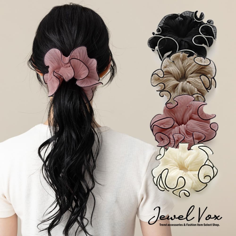 JewelVOX Scrunchie Hair Accessory for Organza and Chiffon with Design Women, Piping, Two-Tone (Ivory)
