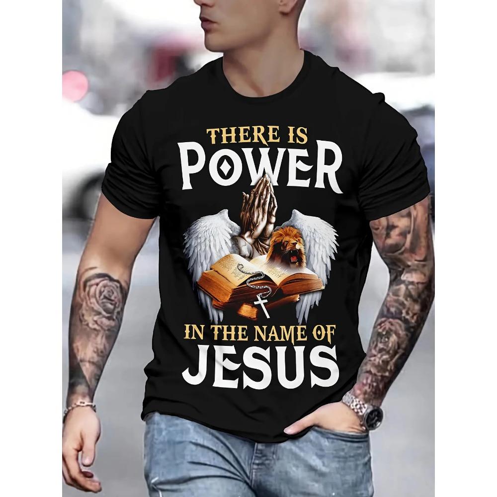 

Men s Christian Faith T-Shirt, 3D Jesus & Judas Lion Print, Jesus Name Is Powerful Bible Verse Design - Gold Letters S чёрный