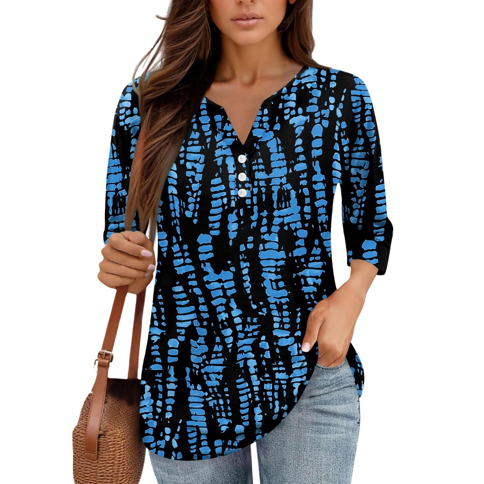 

Женские топы с рукавом 3/4, с принтом, винтажные, модные, повседневные, свободные, с V-образным вырезом, больших размеров, рубашки, топы XL синий