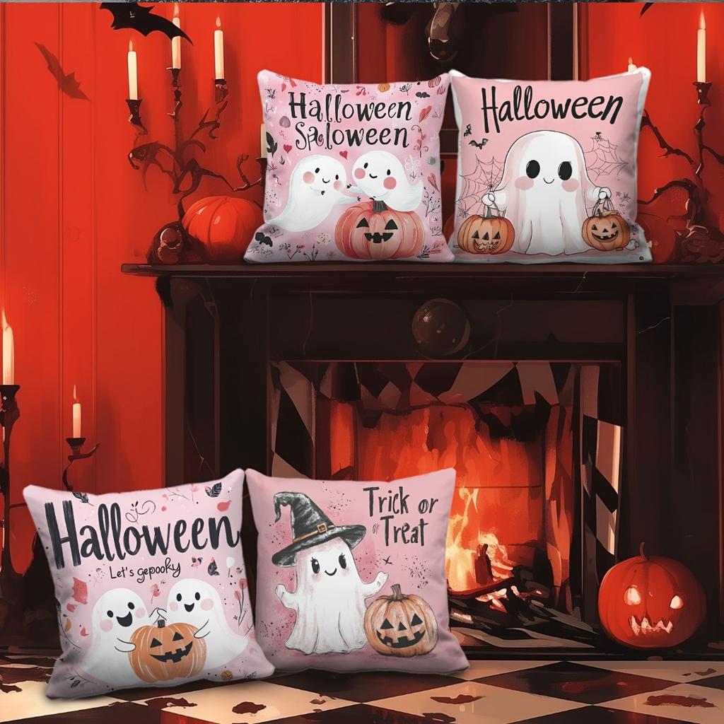 1pc Pink Halloween Cushion Cover with Ghost Pumpkin Pattern Doft Washable Cover for Holloween Themed Party Sofa Chair Decoration