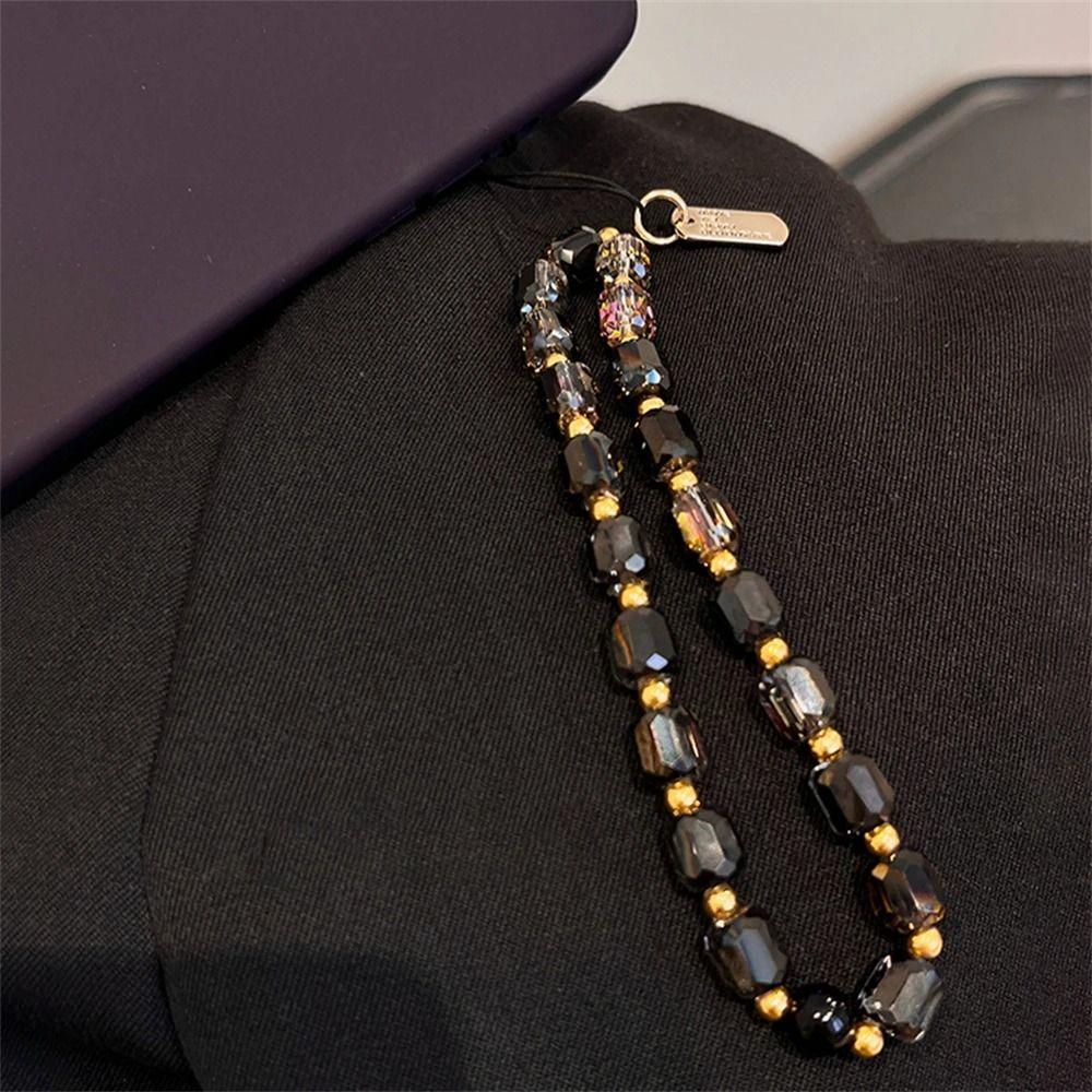 Cute Black Gold Crystal Beaded Phone Chain Women Fashion Luxury Phone Lanyard Kawaii Wrist Hanging Rope Gifts