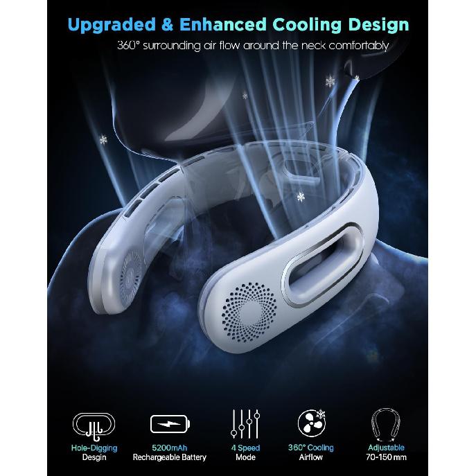 Neck Fan, Hands Free Bladeless Neck Fans Portable Rechargeable, 360° Cooling Neck Fan, 4 Speeds, Quiet, 5200 mAh Battery Operated USB Wearable
