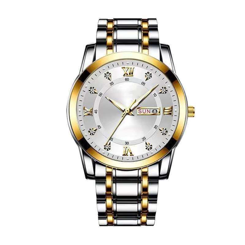 Swiss Luxury Men's Waterproof Quartz Watch with Dual Calendar & Luminous Steel Band