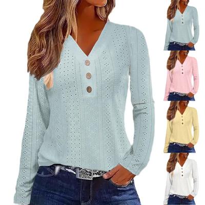 Camiseta feminina de cor sólida com decote em V vazado e manga comprida com botões