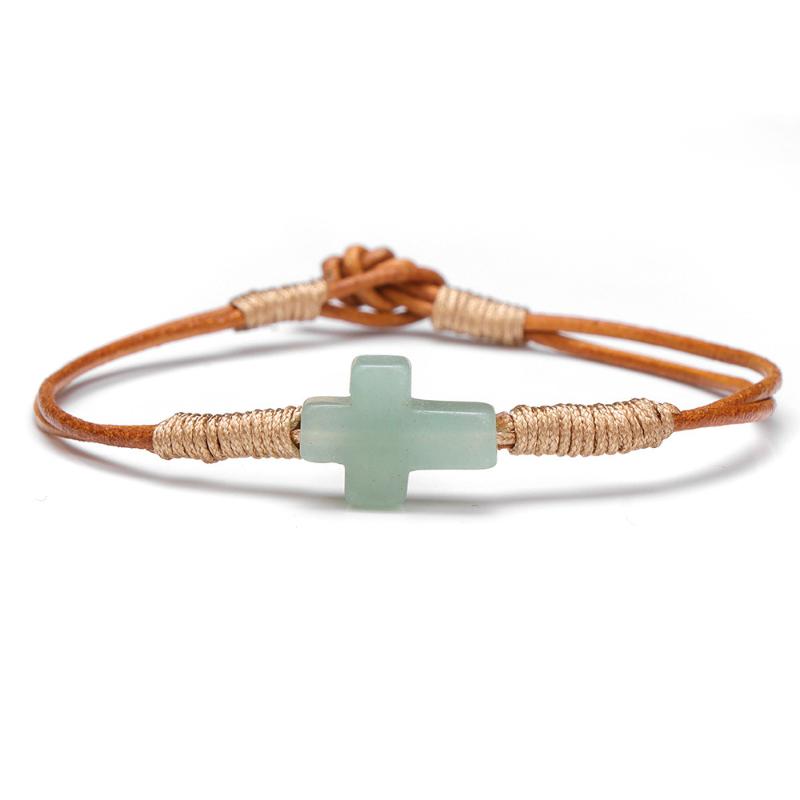 

Handmade Coffee Color Leather Rope Bracelet Natural Red Stone Cross Shape Accessory Bracelet Gift For Friend Women Men D