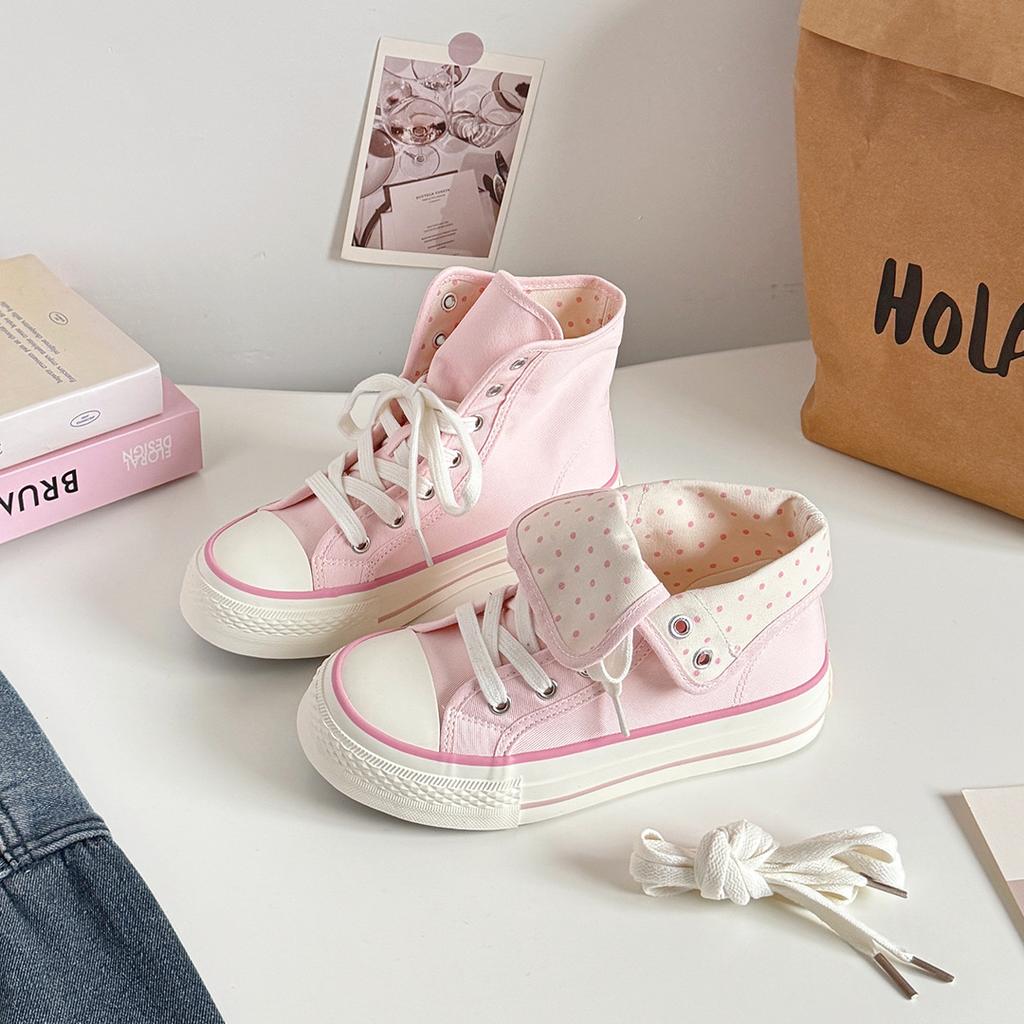 Women's High Top Platform Canvas Sneakers Polka Dot Foldable Collar Lace Up Breathable Korean Style Casual Shoes Fall