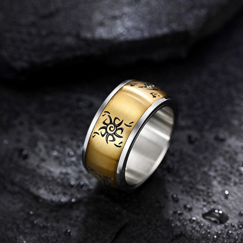 Sun Moon Nebula Electric Rotating Ring with Chinese Style Pattern and Mens Gold Plated Ring Symbolizing Brave Struggle and Tolerance