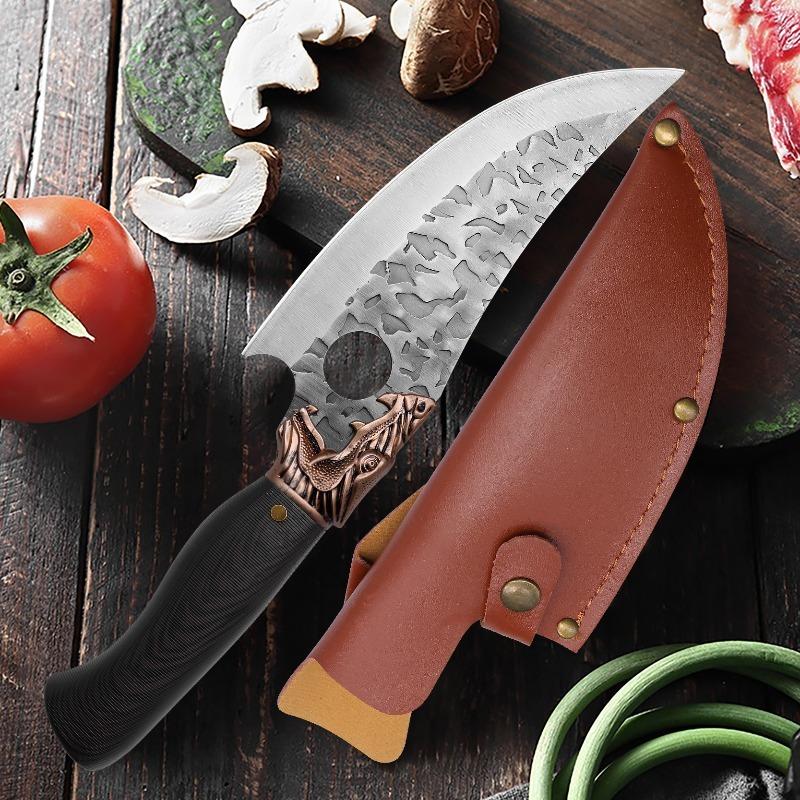 Vintage Forged Kitchen Knife Household Stainless Steel Meat Cutting Knife with Plastic Handle Forging Process Cutting Tool with Leather Knife Cover