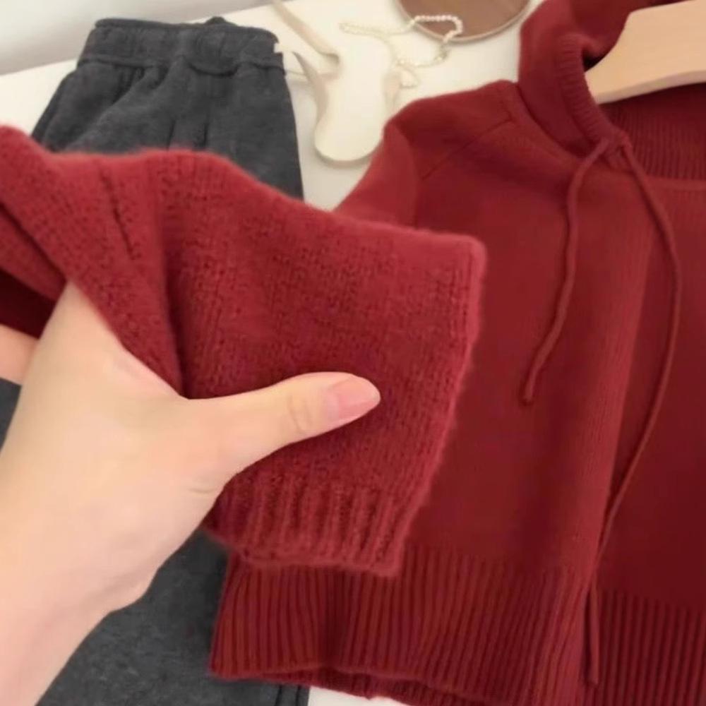 Women's Chic Red Retro Wool Hooded Sweater