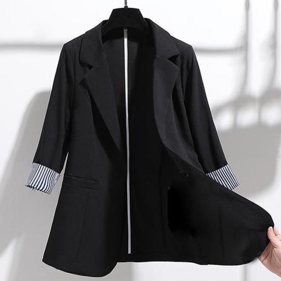 3/4 Sleeve Striped Patchwork Cuff Pockets Women Blazer Solid Color Lapel Single Button Thin Suit Coat Workwear