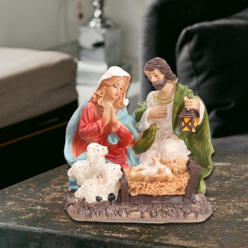 Detailed Holy Family Resins Statue Christmas Home Desktop Decors Religious Nativity Scene Figurine Shelf Ornament Gift