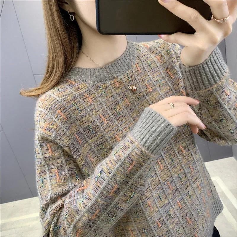 Autumn Winter New  Women Elegant Round Neck Women's Knitting Pullover Stripe Sweater Temperament Korean Version Femme Bottoming Tops