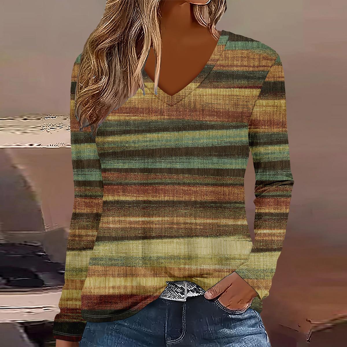 

Европейская и американская мода 2025 Женская элегантная футболка с V-образным вырезом и длинным рукавом S