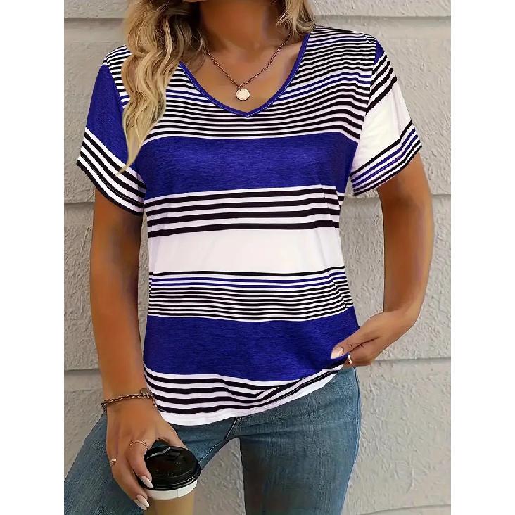 2026 New Fashion Women's Casual Versatile Square Pattern Short Sleeve V-Neck T-Shirt