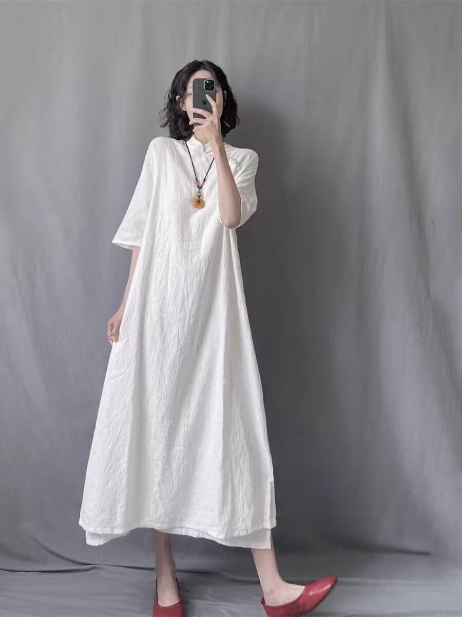 

Ретро простой и элегантный ручной работы пряжка диагональная планка воротник-стойка улучшенный ципао женский летний новый короткий рукав жаккардовый хлопок и лен 2XL