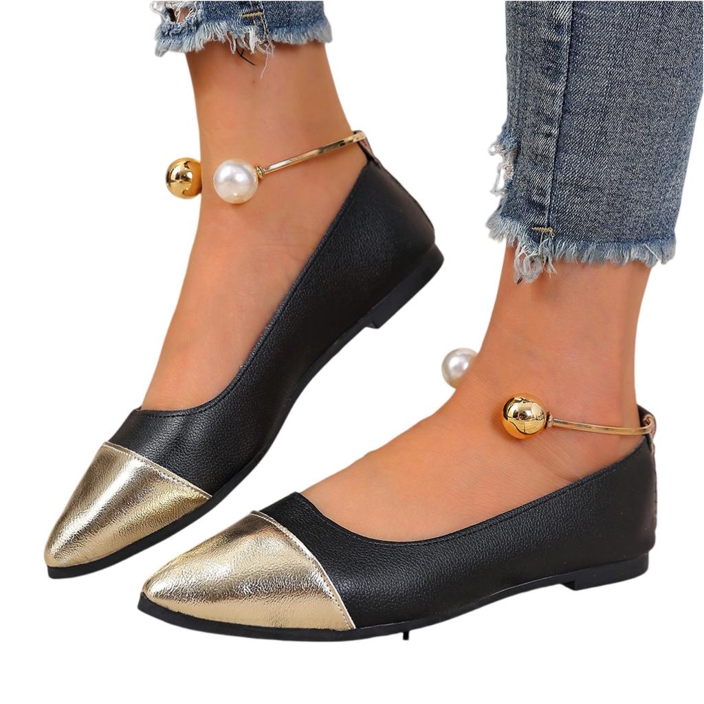 Women's Summer Pointed Toe Low Cut Flats Slip On Shoes with Color Block Design and Metallic Toe Cap for Casual Wear