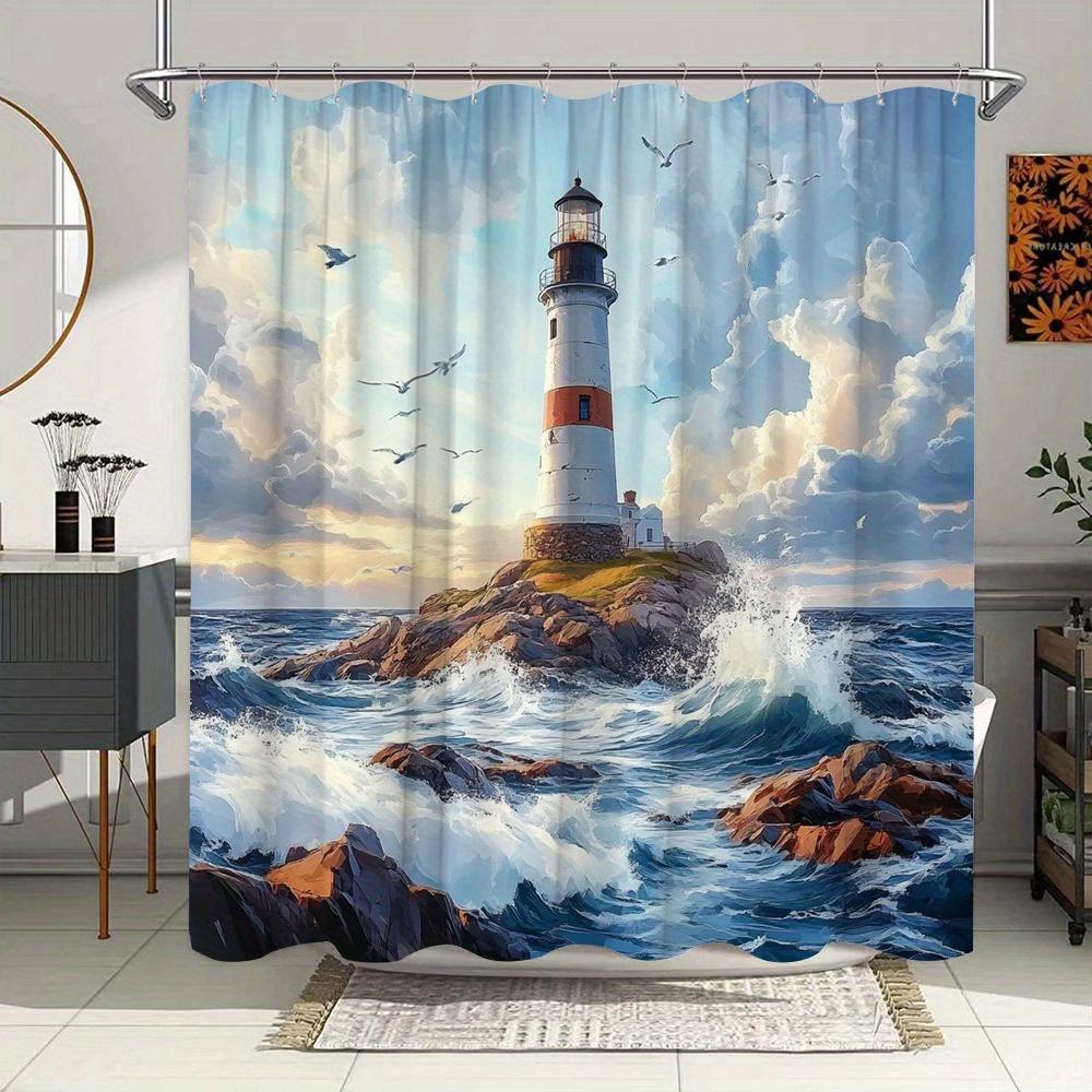 "Seaside Landscape Shower Curtain - Water Tower Castle, Blue Sky Beach Scene, Country Style, Casual Bathroom Decor