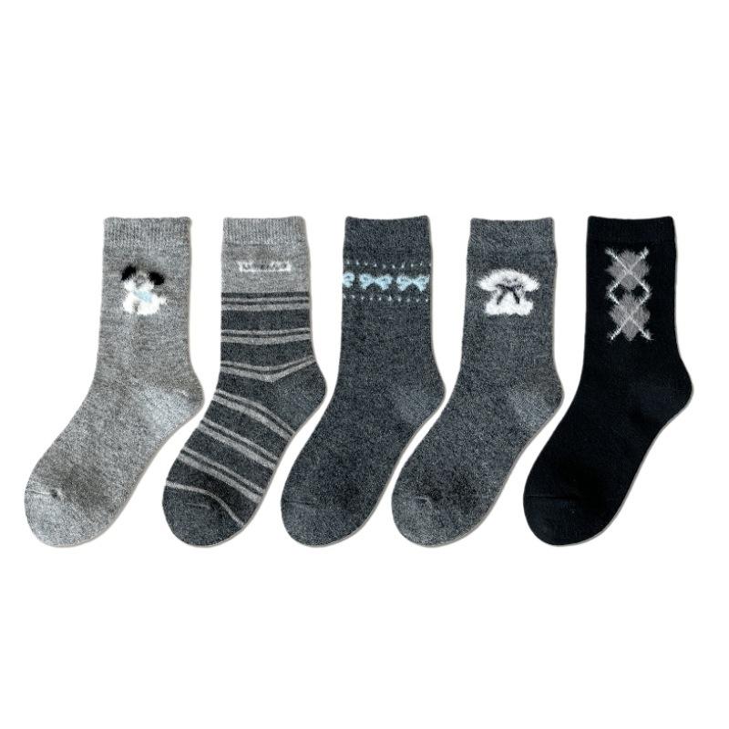 Wool Socks - Women's Warm and Thick Mid-calf Socks with Cartoon Dog and Bow Tie Design, In Gray Color, Suitable for All Occasions and Versatile.