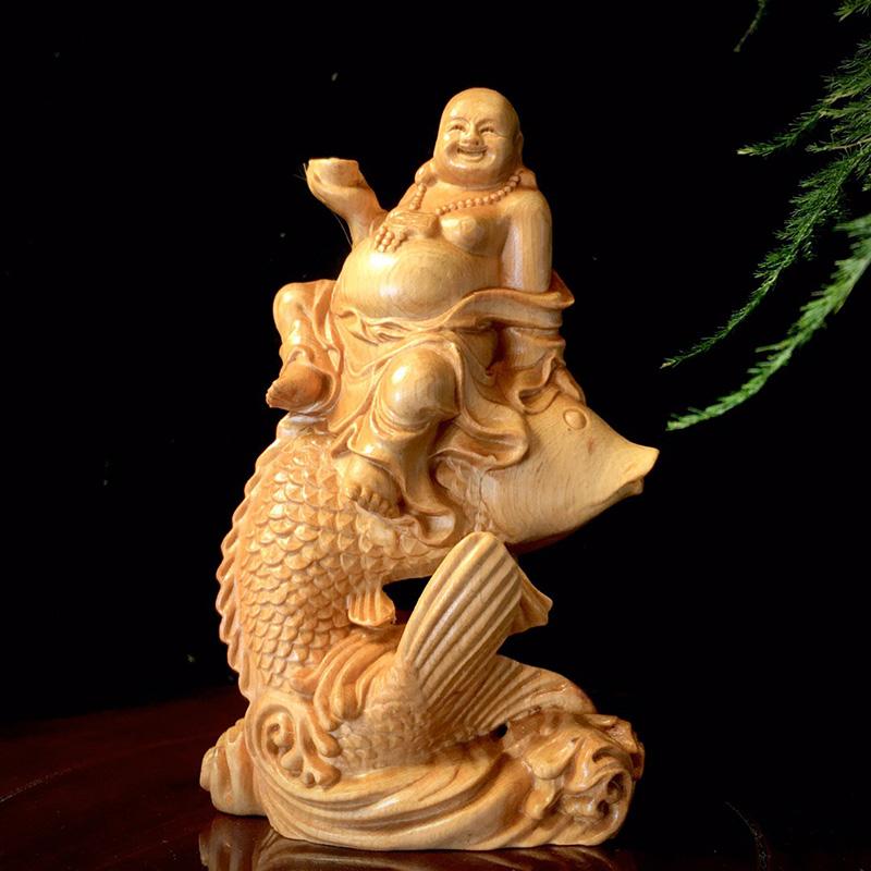 Wooden Carp Maitreya Buddha Decorative Statue ,Creative Solid Wood Art Hand Carving Home Room, Office Fortune Gathering Statue