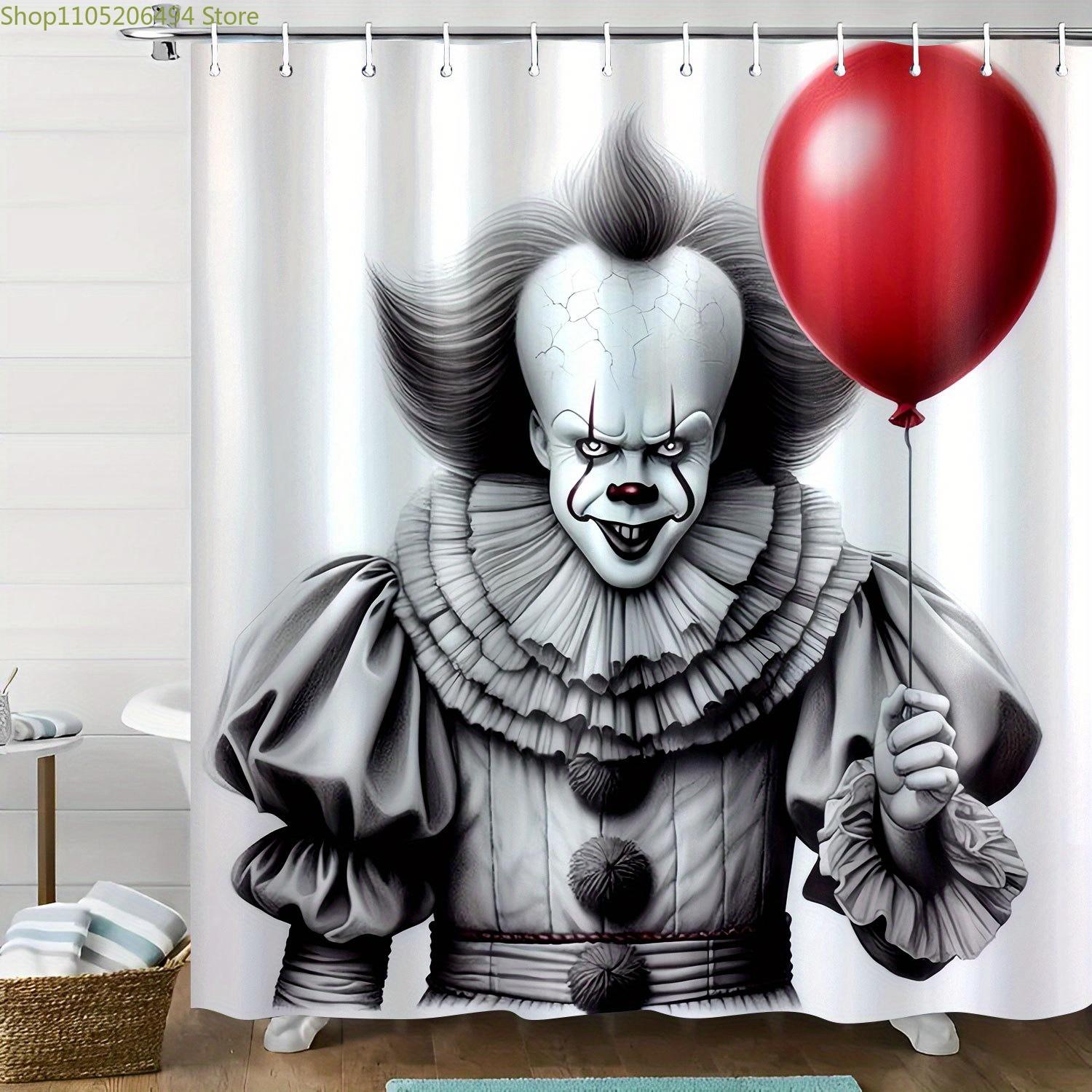 

1pc WB Halloween & Christmas Shower Curtain - Polyester Fabric with Hooks, Spooky Clown Design, Red Balloon & Black Ribbon Acc 90x180cm