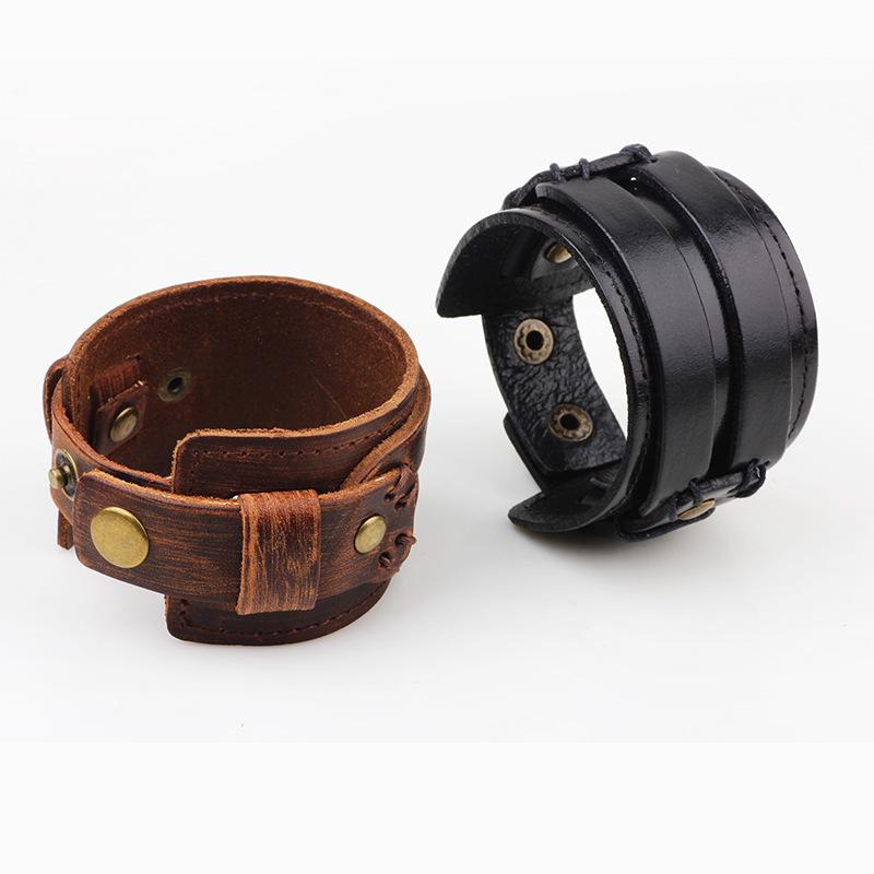 Men's Retro Genuine Leather Wide Bracelet with Personality and Fashionable Design
