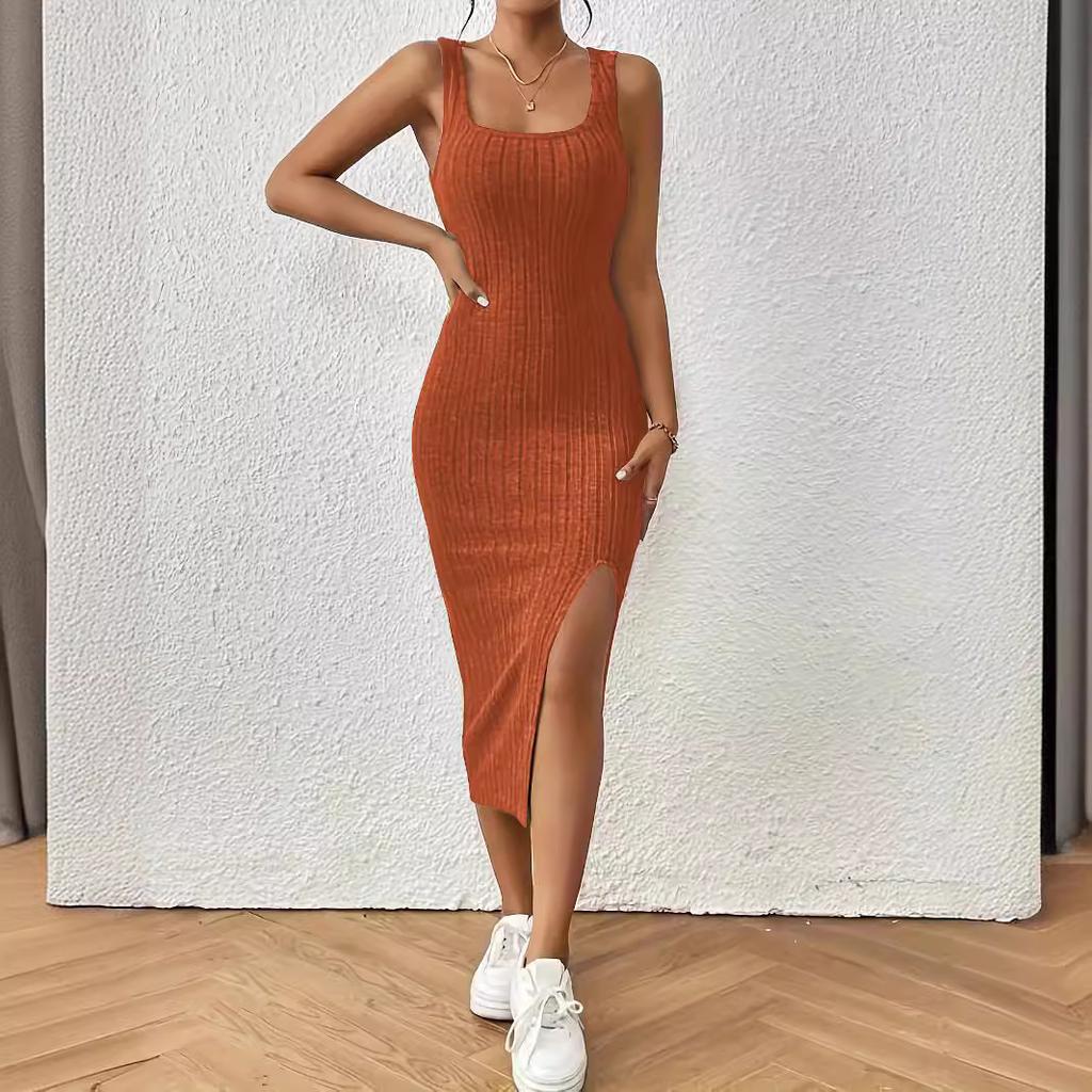 Women's Sleeveless Square Collar Suspender Furry Vertical Vest Dress Elegant Sexy Slit Legs Midi Dress