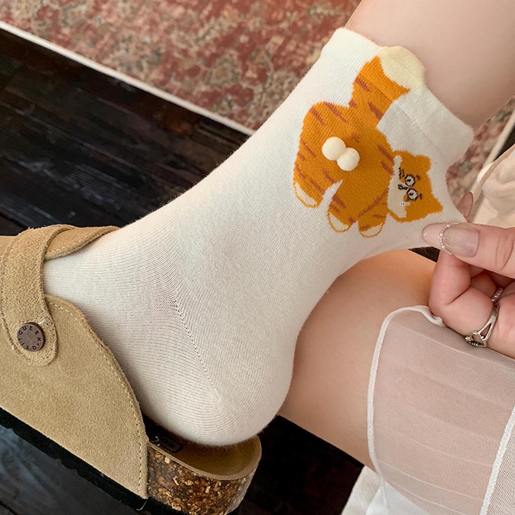 Japanese Style Cute Cartoon Cat Socks - Women's Mid-Calf Pure Cotton Funny Summer Outerwear