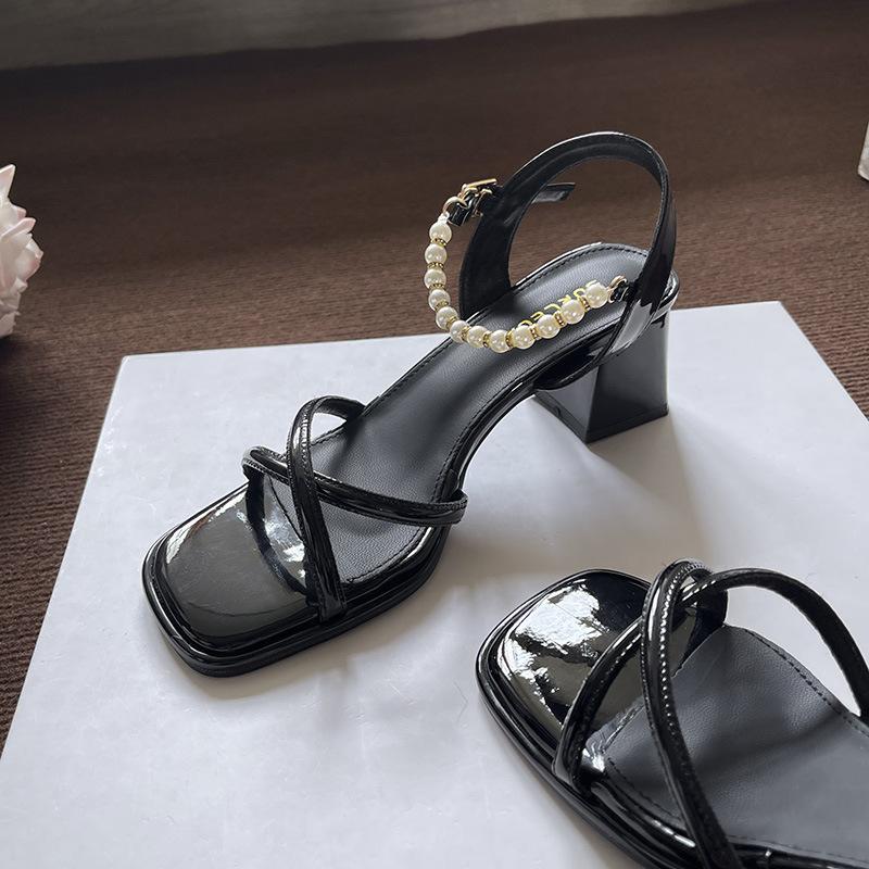 Silver High-end Sandals Women's Thick Heel Summer New Pearl One-word Buckle Open-toed High Heels Women's Middle Heel