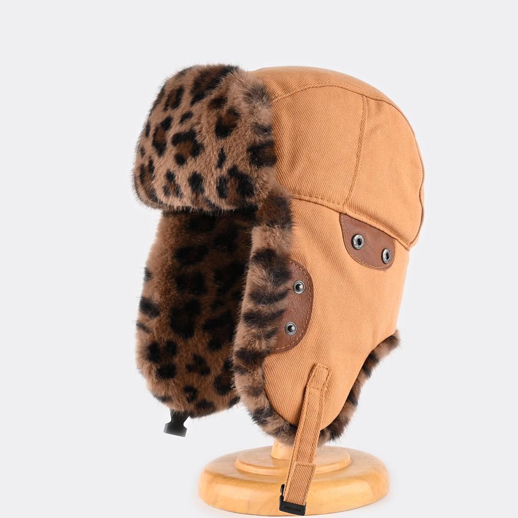 American Leopard Print Hat Men's and Women's Winter Thickened Warm Plush Ear Protection Cotton Hat Outdoor Cycling Cold Hat Tide