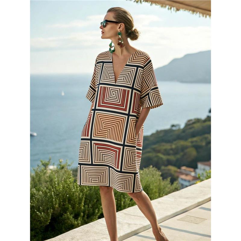 26 New European and American Bohemian large-size women's clothing casual loose 3D printed dress robe