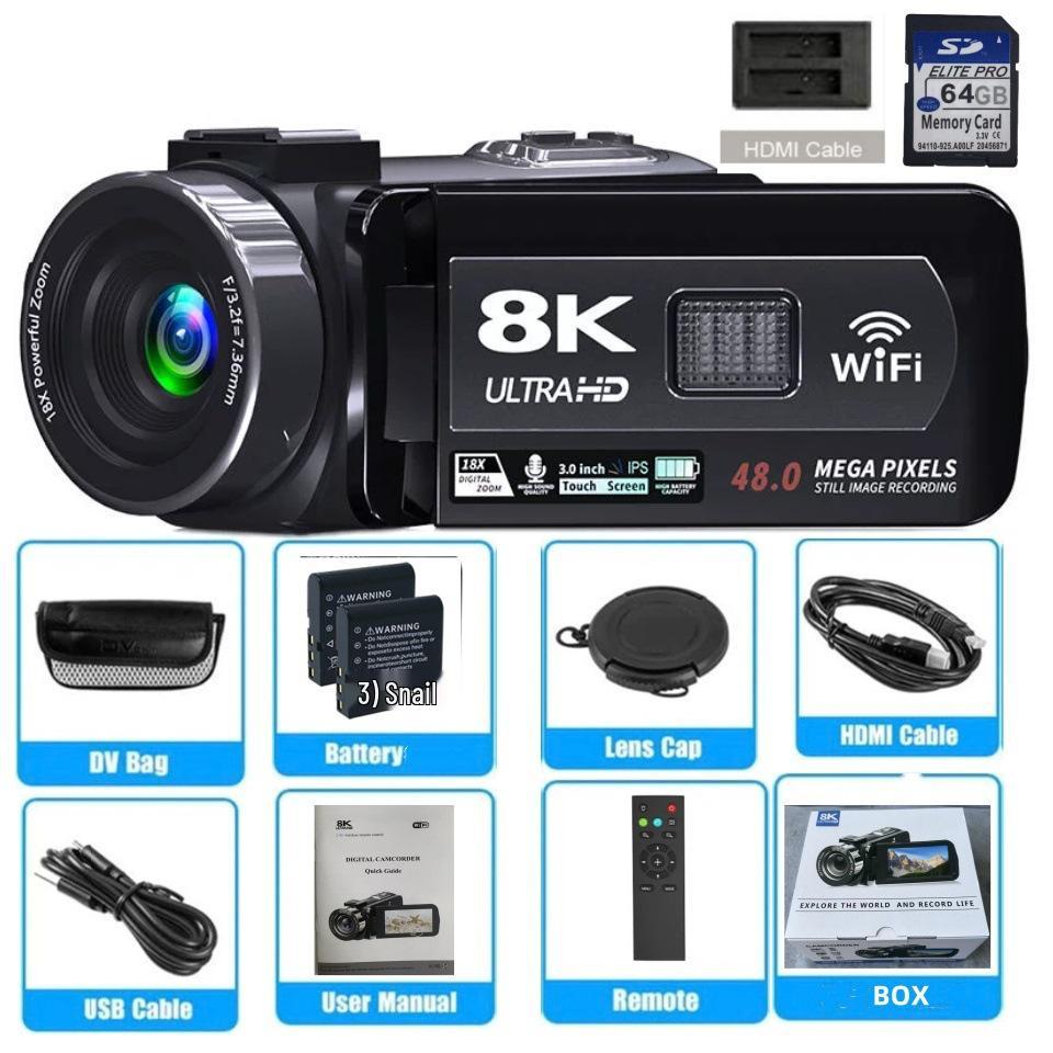 8K Handheld Digital Camcorder, 64MP, Remote-Controlled for Outdoor Photography