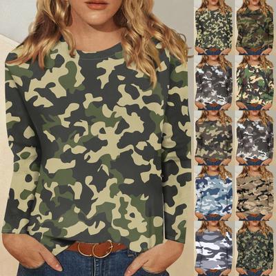 Women's Fashion Casual Long Sleeve Camouflage Printed Round Neck T-Shirt Top