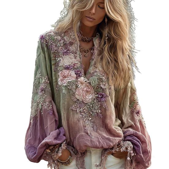Women Shirt Oversize V-Neck Long Sleeve Casual Spring Autumn Shirt 3D Flower Printed Pattern Relaxed Fit Shirt Daily Wear