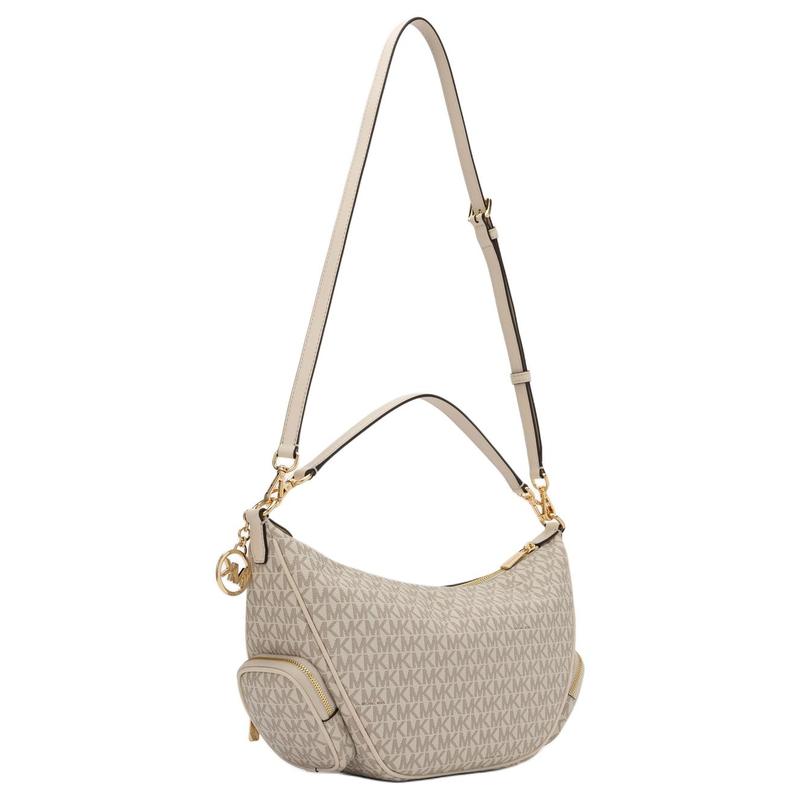 Michael Kors MERRITT Logo Adjustable Shoulder Strap Faux Leather Shoulder Bag Medium Women's Cream