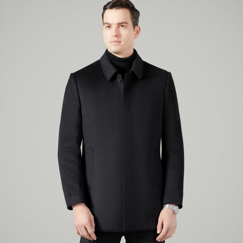 Men's Winter Wool Double-Faced Trench Coat with Down Liner and Cashmere Lapel