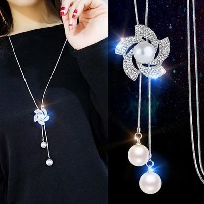 Statement Shiny Crystal Sunflower Sweater Chain Choker Women Vintage Simulated Pearl Tassel Long Chain Necklace Korean Luxury Party Jewelry