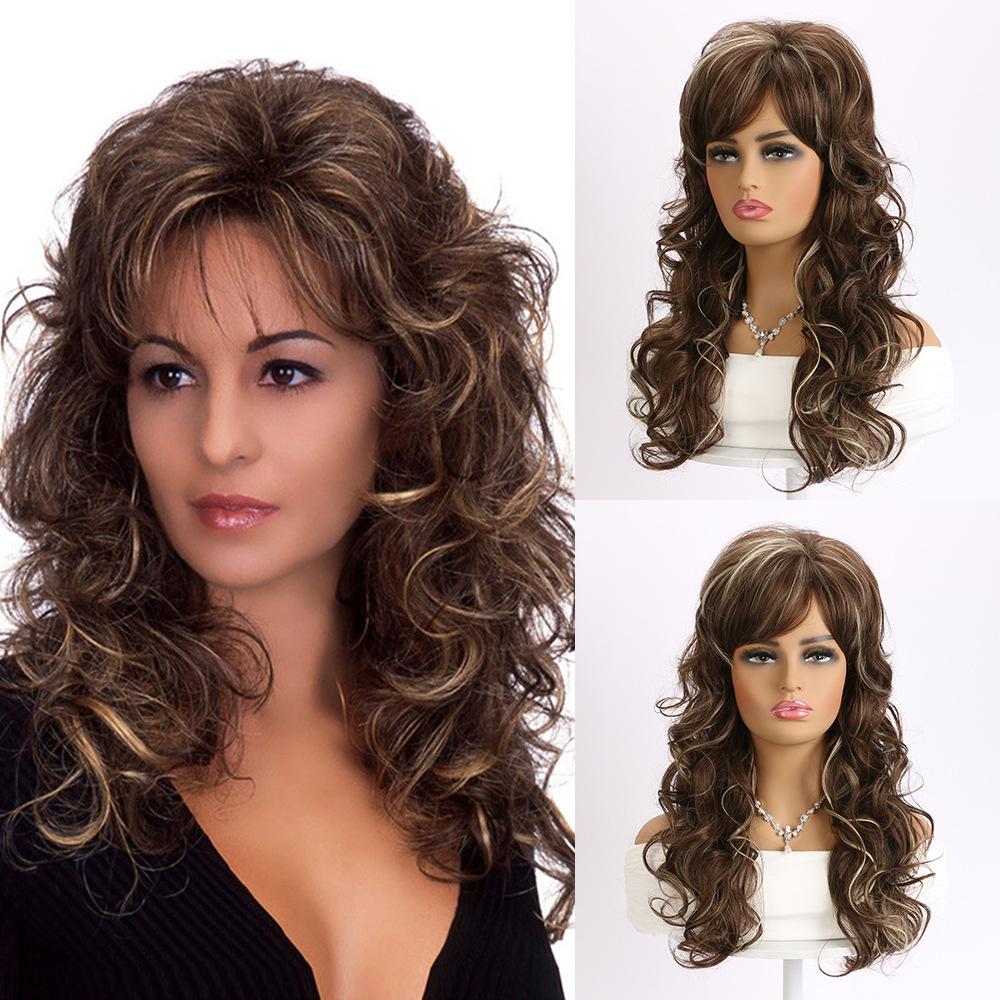 

Women Natural Synthetic Mixed Brown With Blonde Wigs with Bang Soft Daily Use Long Curly Hair Costume Party Wig Heat Resistant Fibre золотий коричневий колір