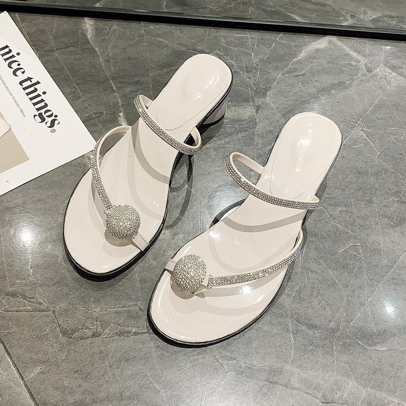 French Thick-heeled Slippers Women's Summer Wear New Internet Celebrity with Skirt Rhinestone Sandals Women's Versatile Toe Roman Sandals