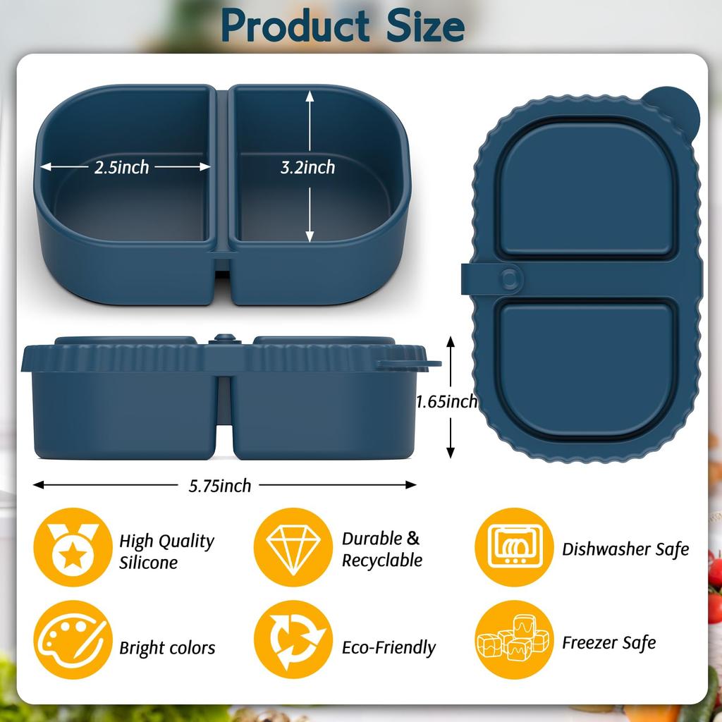 1Pack Reusable Silicone Snack Containers with Lids, Meal Prep Containers 2 Compartments, Portable Silicone Food Storage Box