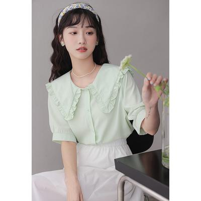 Solid Color Foreign Style New Age-reducing Summer Short-sleeved Doll Collar Student French Korean Chiffon T-shirt Top Women