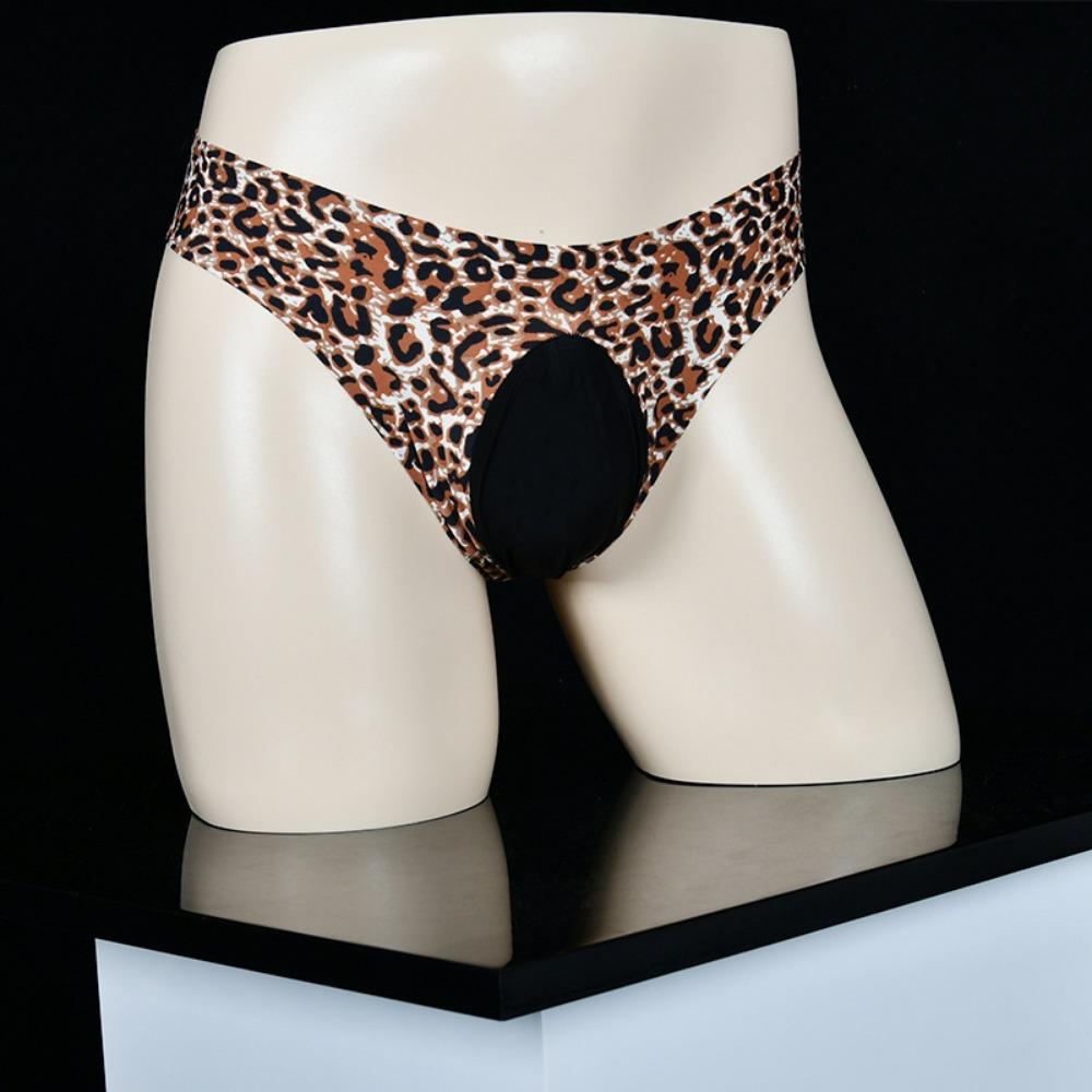 Qinghe Spring and Summer Men's Low Waist Thong Thin Breathable and Traceless Ice Silk Printed Egg Panties Leopard Print Briefs