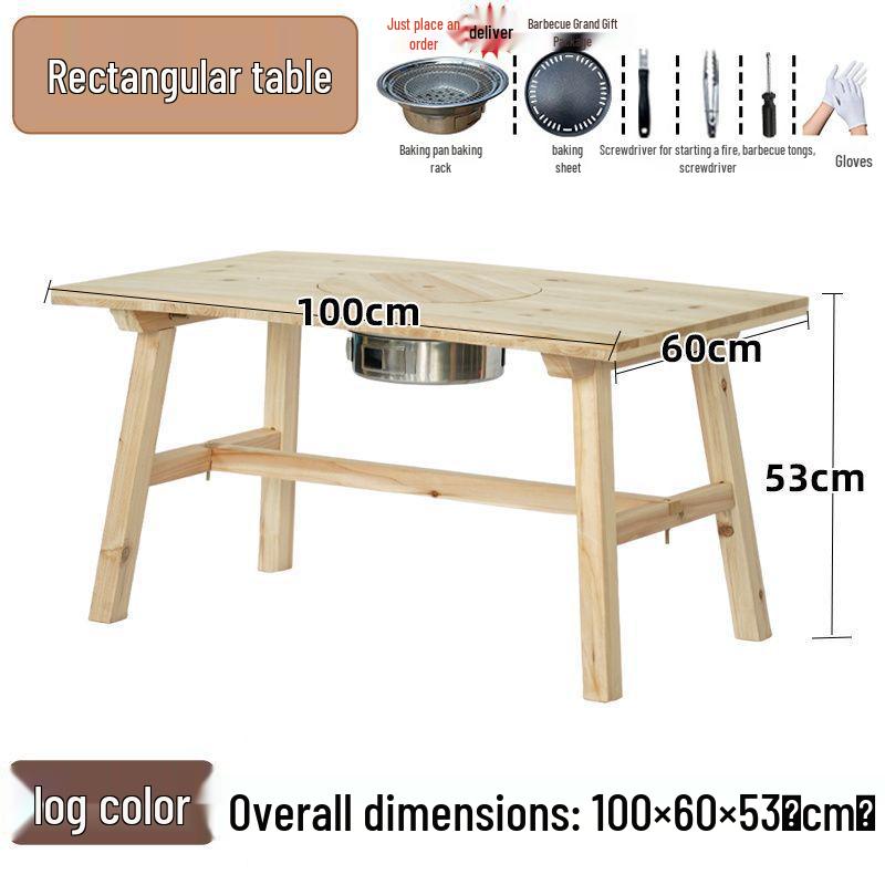 Outdoor Anti-corrosion Fire Pit Tea Table with Solid Wood and BBQ Function, Includes Indoor/Outdoor Chairs for Home Use