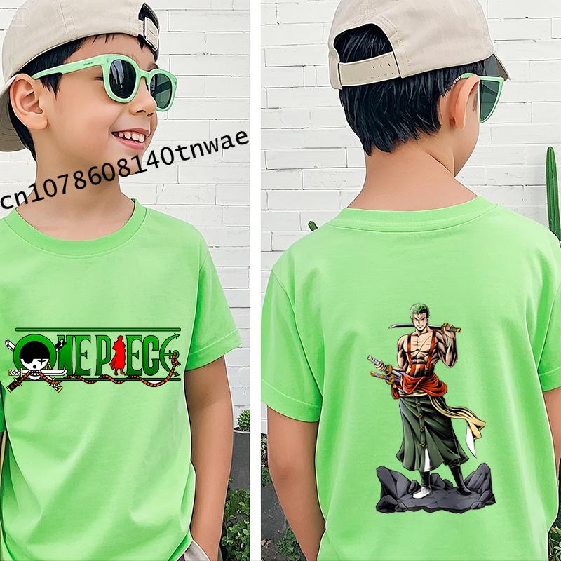 One Piece Roronoa Zoro Anime Kleidung Kinder T-Shirt Baumwolle Kurzarm Grün Cartoon Oberteil für Jungen