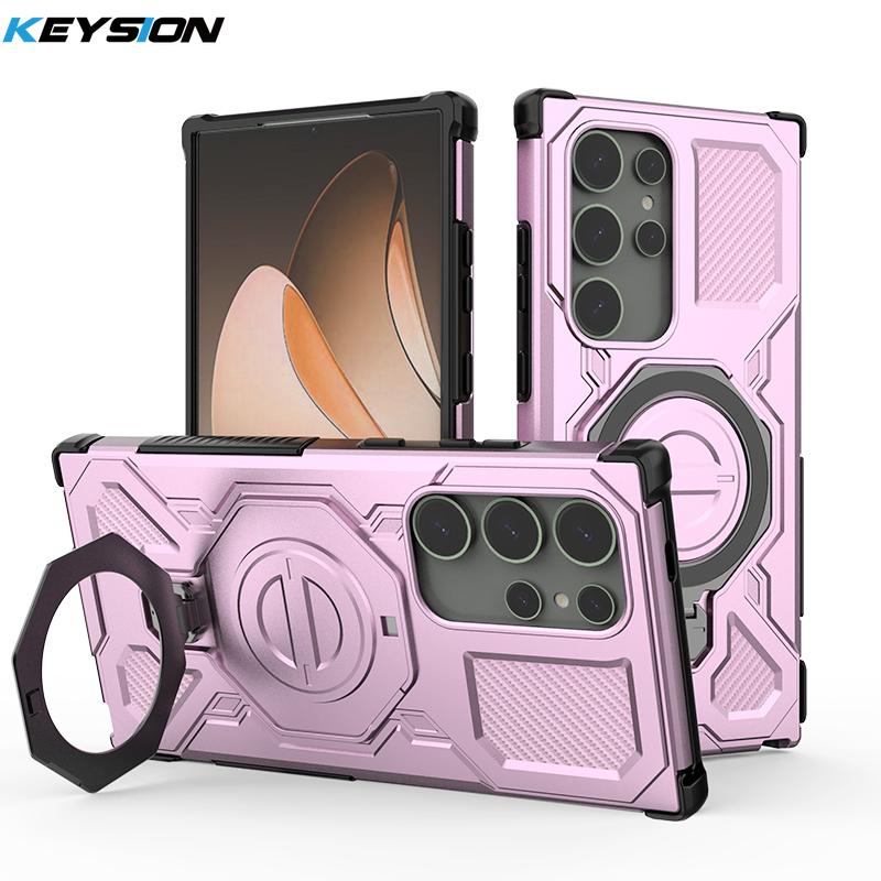 

KEYSION Противоударный магнитный чехол для Samsung S24 Ultra 5G с вертикальной живой металлической подставкой-кольцом, задняя крышка для телефона Galaxy S24 Ultra 5G for Galaxy S24 Ultra розовый