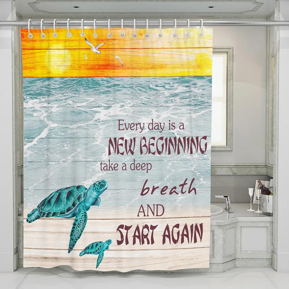 Full Moon Orchid On The Sea Landscape Shower Curtain Set Butterfly Marine Beach Turtle Wooden Board Background Bathroom Curtain