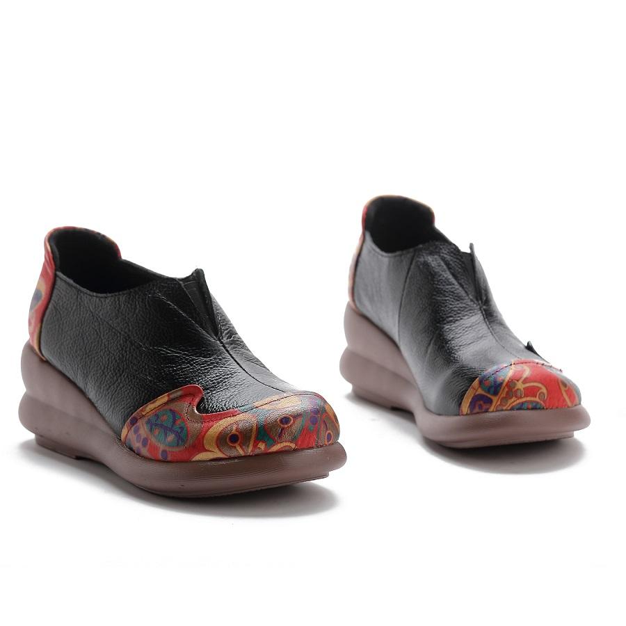 Fashion New Genuine Leather Wedged Pumps Shoes Womens Autumn Slip On Shoes Elderly Woman Appliques V Cut Mid Heels Pumps Patchwork Shoes