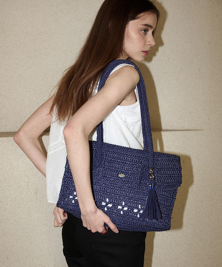 Slowslowly Lily Handmade Crochet Raffia Hermetic Shoulder Bag (+Gift Tassel Keyring Included) _ Navy