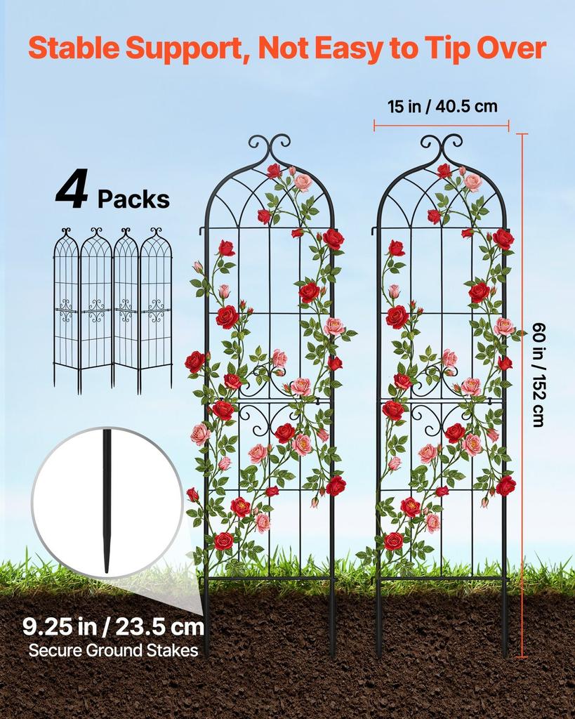 Garden Trellis, 152 X 40.5 Cm Rose Trellis, 4 Packs Garden Flower Rose Trellises with Powder-Coated Finish & Convenient Locking Design, Plant Support